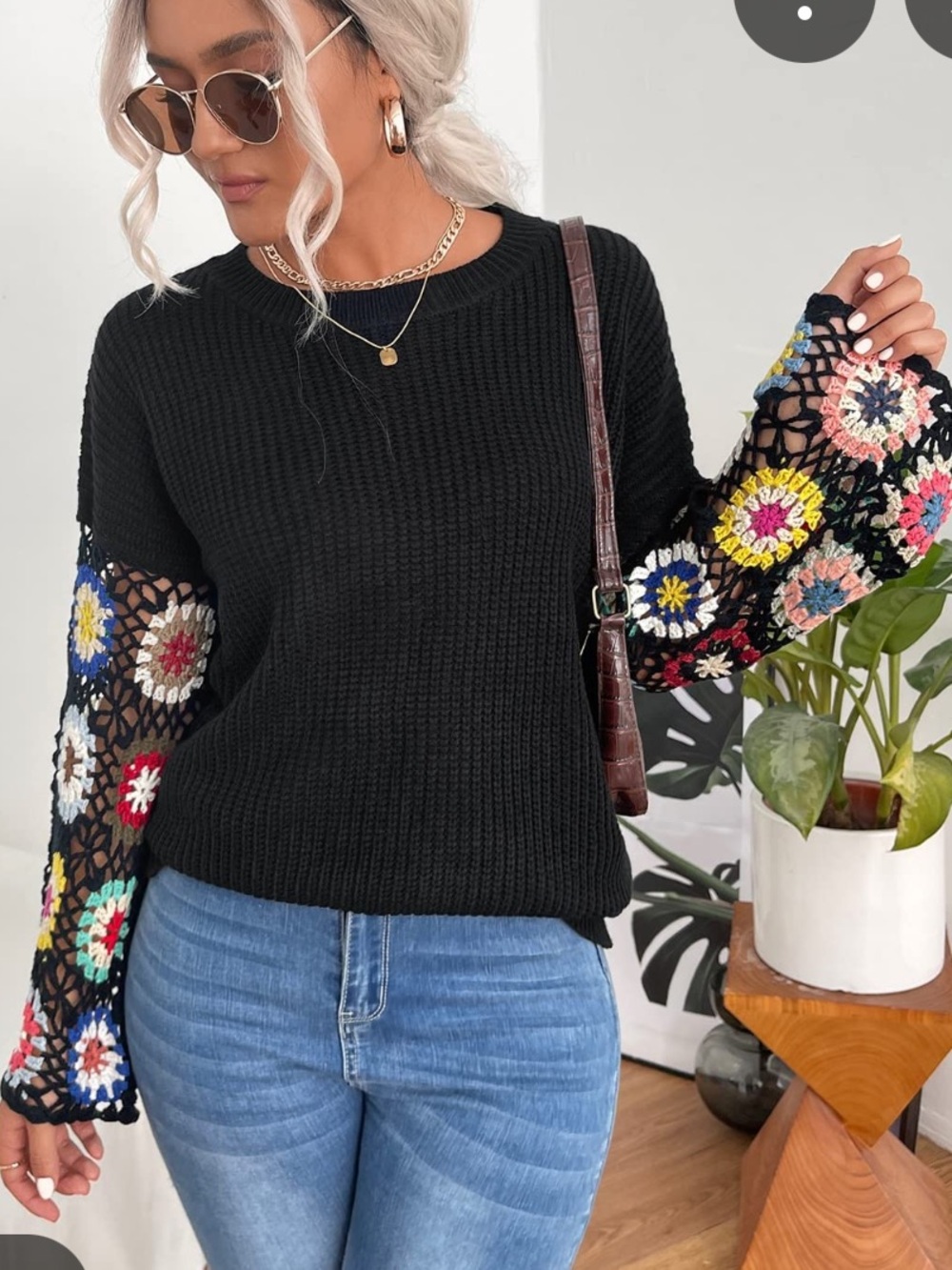 Vici Black Crew Sweater with Multicolor Crochet Floral Sleeves